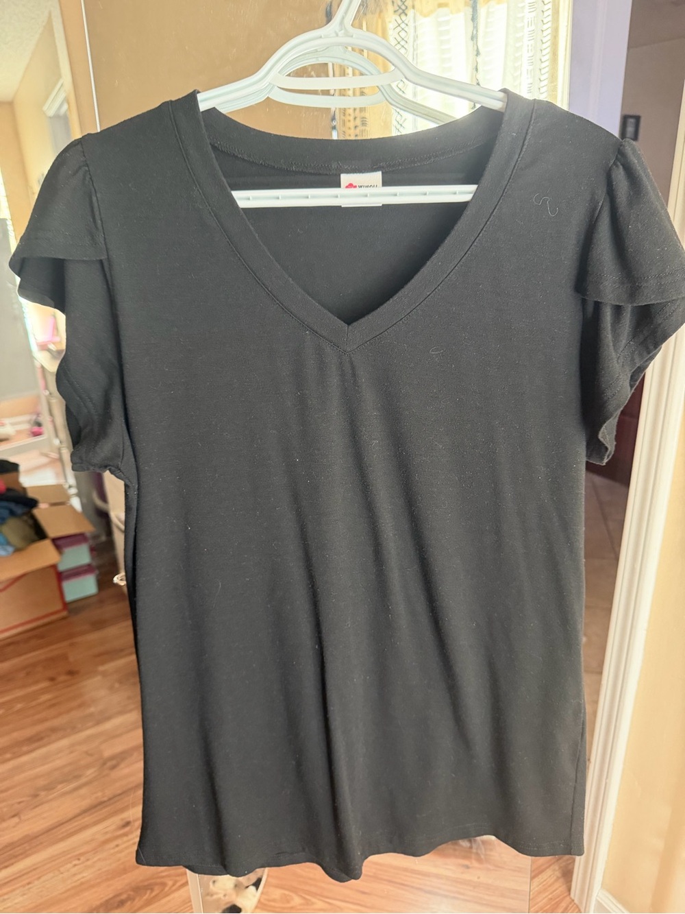 Black V-Neck Short Sleeve Tee with Flutter Sleeves